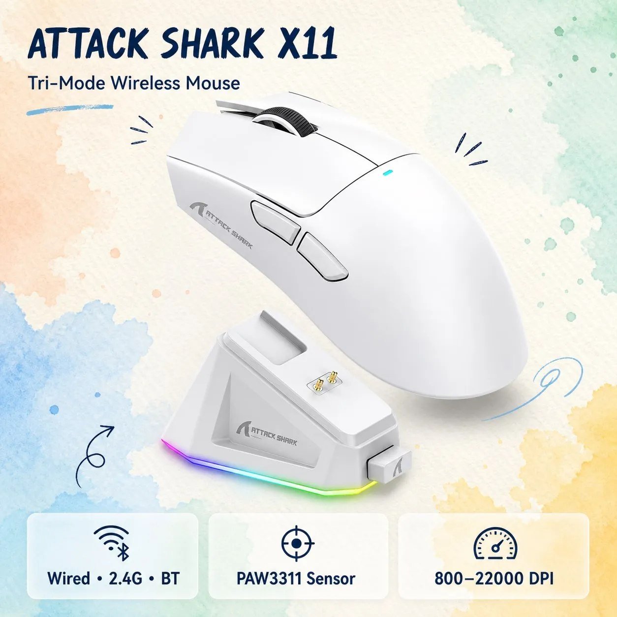 😱 Mouse Sem Fio com Dock Attack Shark X11, Sensor Paw3311