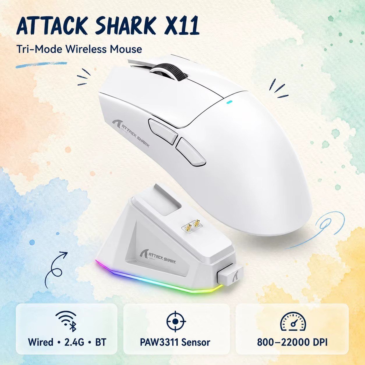 😱 Mouse Gamer Leve Tri-Mode ATTACK SHARK X11, PAW3311, 22000DPI, 400IPS, 40G, Taxa de Retorno de 1K, Carregamento Rápido Magnético