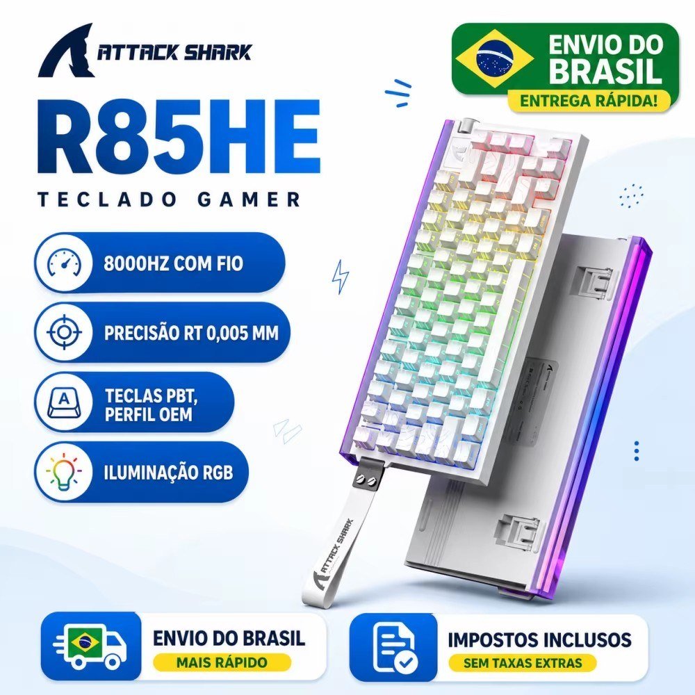 😱 ATTACK SHARK R85HE Teclado Mecânico Magnético com Switch Roxo 8000Hz