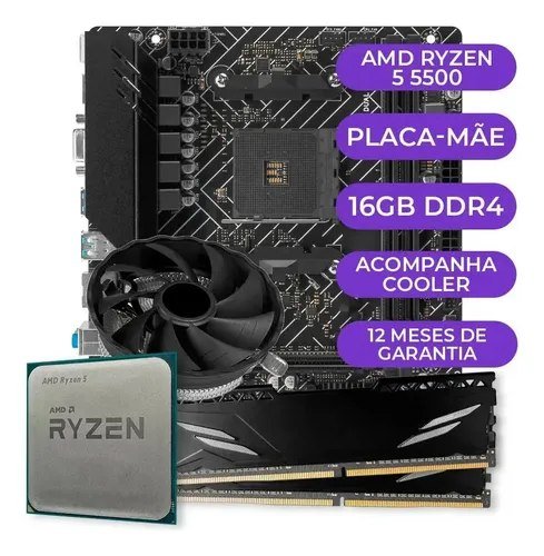 😱 Kit Upgrade Gamer Amd Ryzen 5 5500 + A520m + 16gb Ddr4 Cor Preto