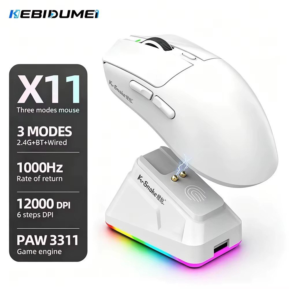 😱 Mouse Sem Fio Kebidumei X11 PAW3311 Tri-Mode 12000 Dpi com Tela RGB, Base de Carregamento Magnética e Compatível com Bluetooth, 2.4G e Fio