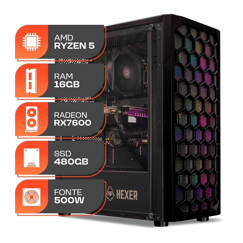 😱 PC Gamer Spectrum, AMD Ryzen 5 5500, Radeon RX 7600 8GB, 16GB DDR4, SSD 480GB, Fonte 500W 80 PLus