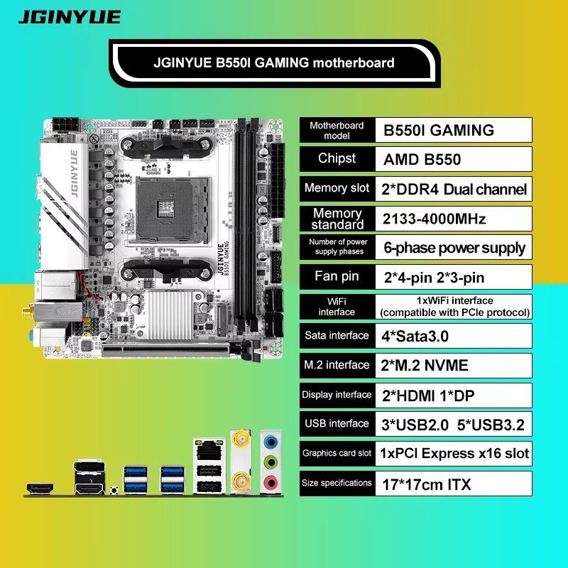 😱 Placa mãe JINGYUE B550I ITX GAMING AM4 PCIe 4.0 Dual M.2 DDR4 Mini-ITX