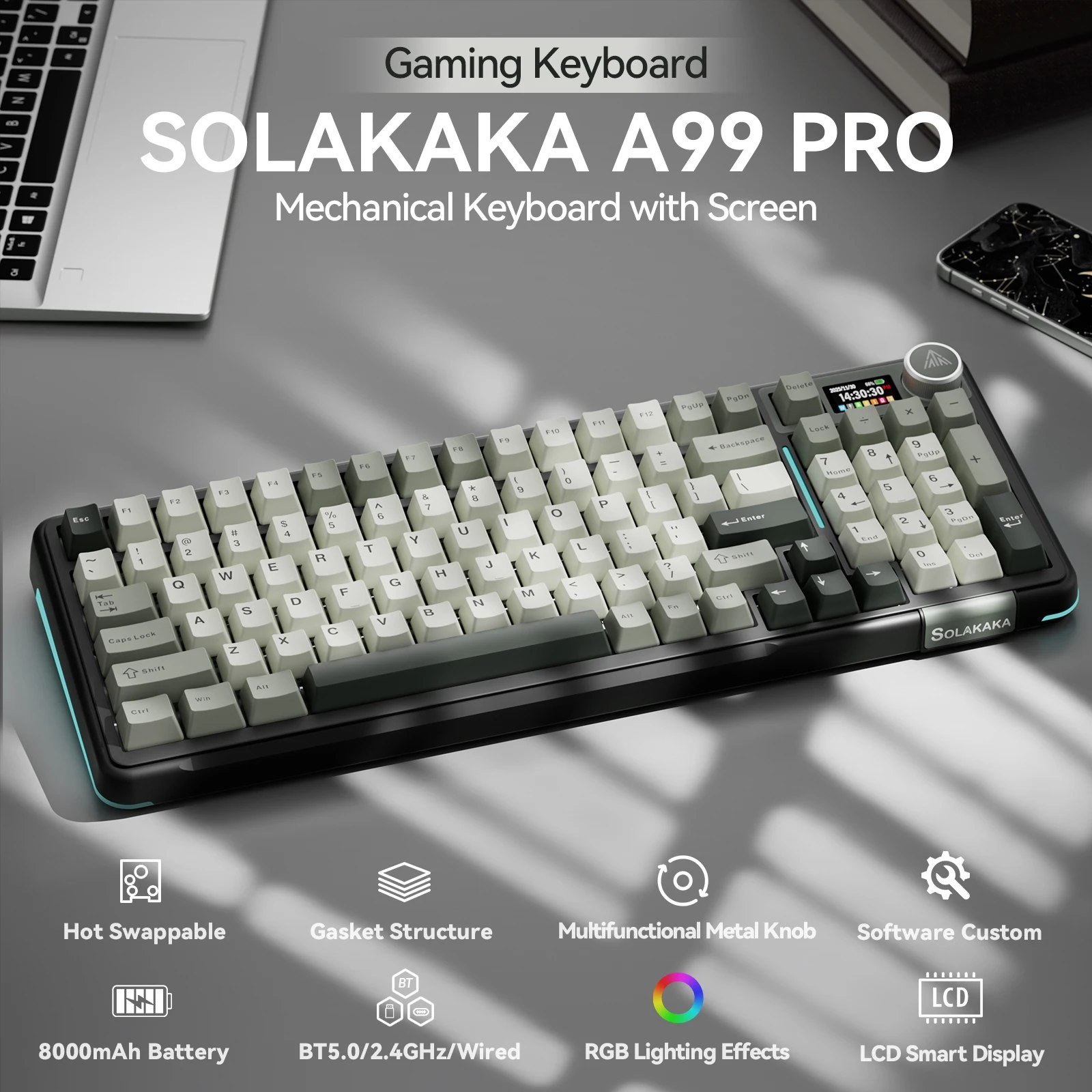 😱 Teclado Mecânico Sem Fio SOLAKAKA A99pro com 97 Teclas, Teclas Hot Swappable e Tela TFT