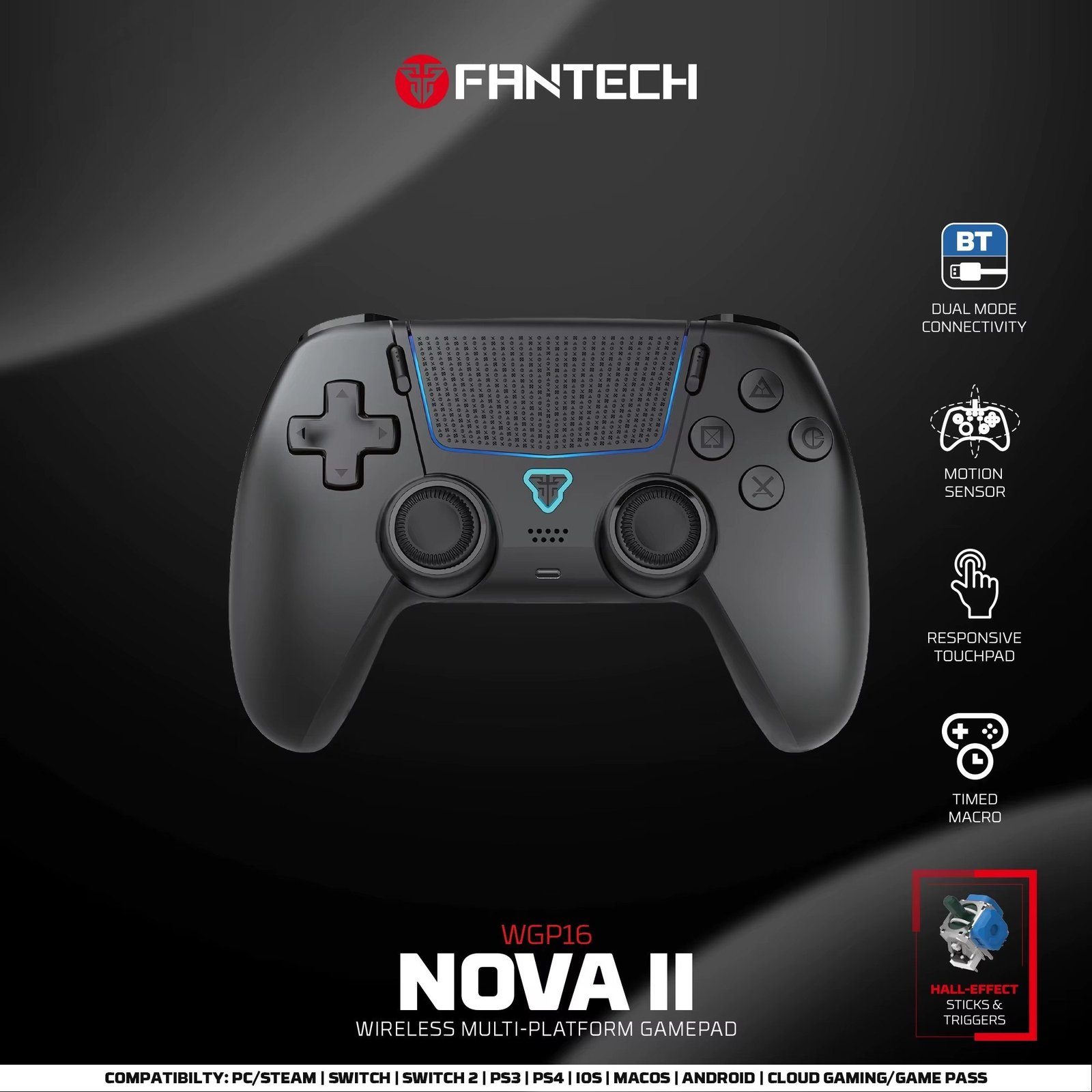 😱 Controle Fantech Nova Ii Wgp16 com sensor giroscópio, Hall joystick e gatilho Nintendo Switch, PlayStation 4, Nintendo Switch 2, Pc, Android, iOS, Steam