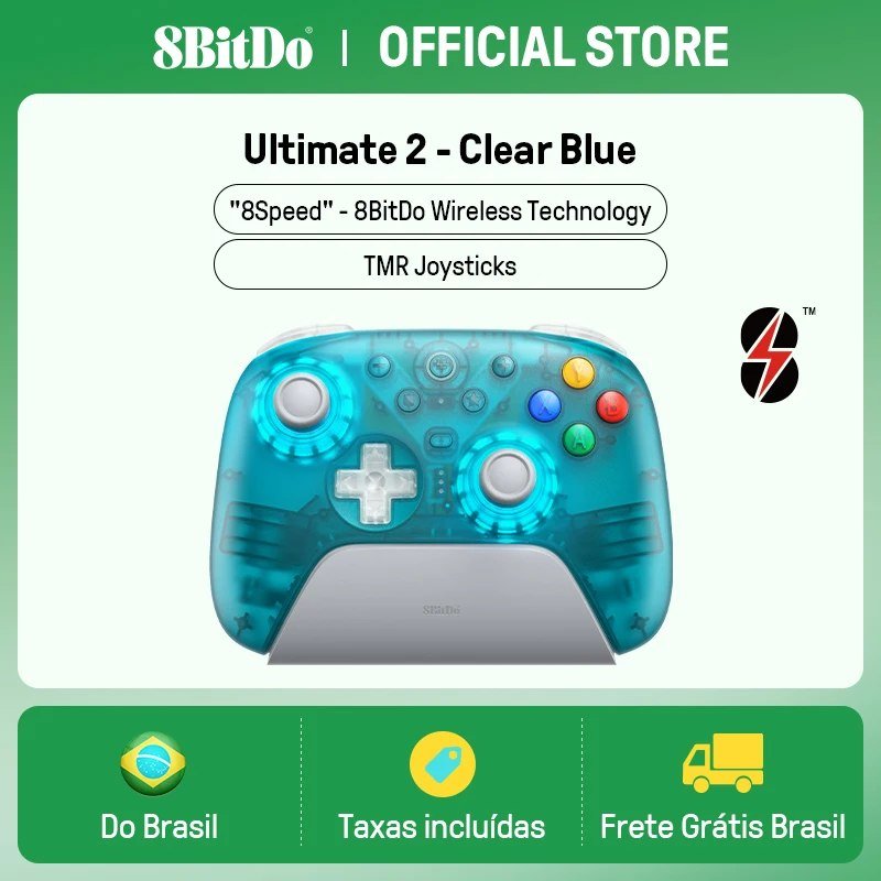 😱 Controle 8BitDo Ultimate 2 Gamepad Clear Blue sem Fio 2.4G para PC e Android, com Joysticks TMR, Gatilhos Comutáveis, Controle de Movimento, 8 Velocidades