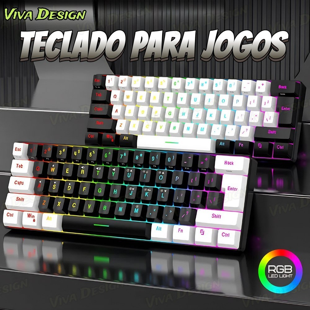 😱 Teclado para jogos com fio 61-Key RGB Backlight Mini Compact USB-C Cabo de alimentação plugável Teclado de escritório