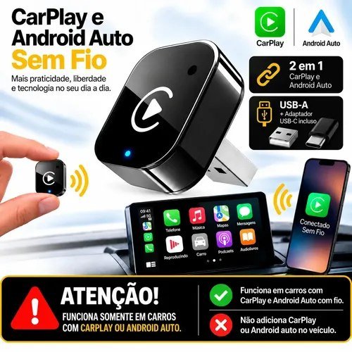 😱 Adaptador CarPlay Sem Fio Android Auto 2 em 1