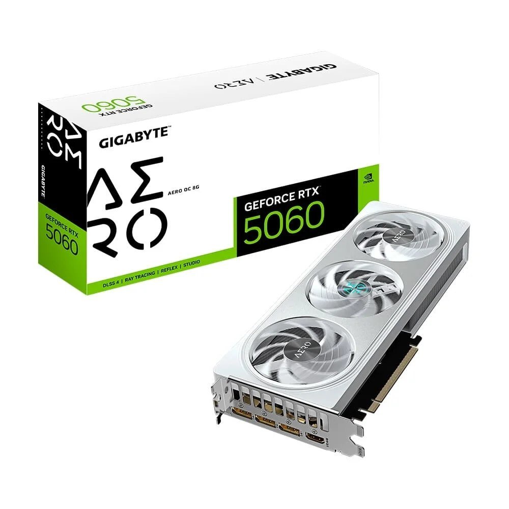 😱 Placa de Vídeo Gigabyte RTX 5060 AERO OC 8G NVIDIA GeForce, 8GB GDDR7, 128bits, DLSS, Triple Fan, Ray Tracing - GV-N5060AERO OC-8GD