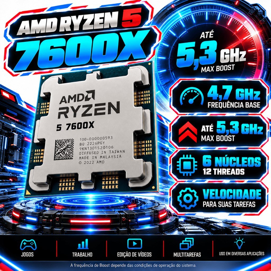 😱 Processador Amd Ryzen 5 7600x Oem 6 Núcleos 12 Threads 5.3GHz Am5, Link produto