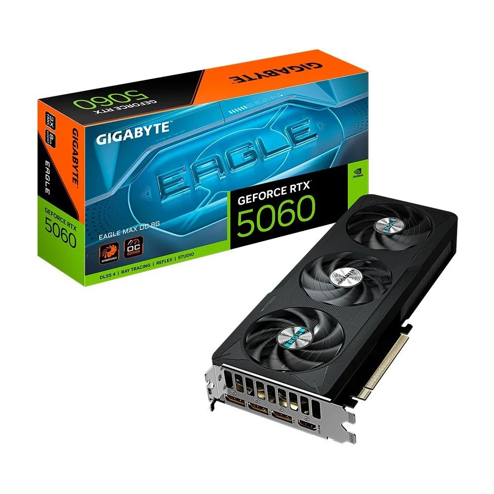 😱 Placa de Vídeo Gigabyte RTX 5060 EAGLE MAX OC 8GB NVIDIA GeForce, 8GB GDDR7, 128bit, Triple Fan, Ray Tracing - GV-N5060EAGLEMAX OC-8GD