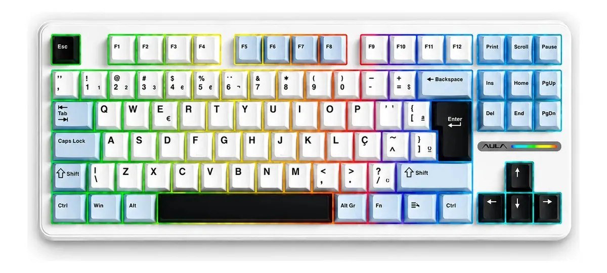 😱 Teclado Mecânico Aula F87 Branco RGB Sem Fio Tri Mode Bluetooth 2.4GHz USB-C