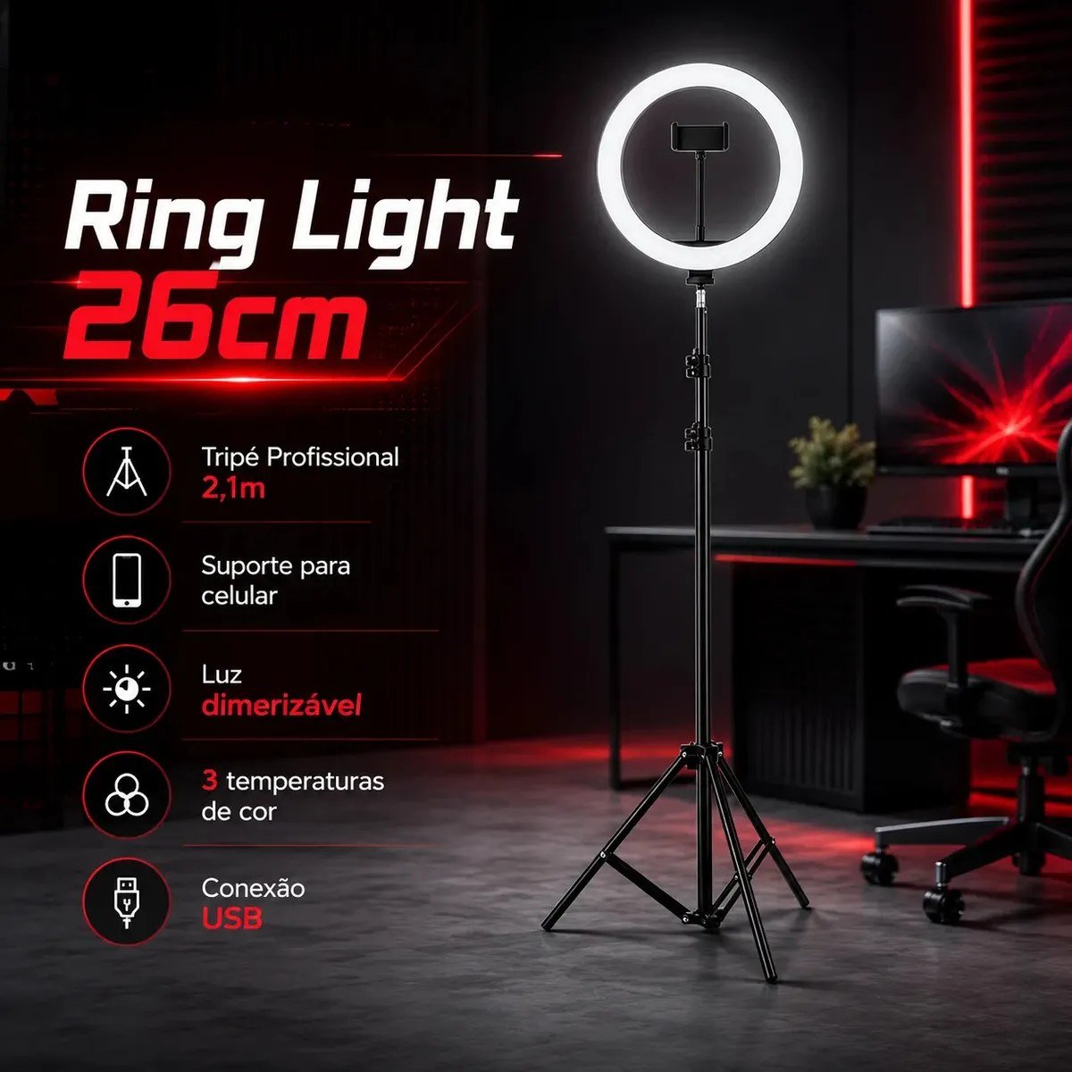 😱 Ring Light Luz Led Iluminador 30cm + Tripé 2.1M, Vendido por Loja Oficial no ML