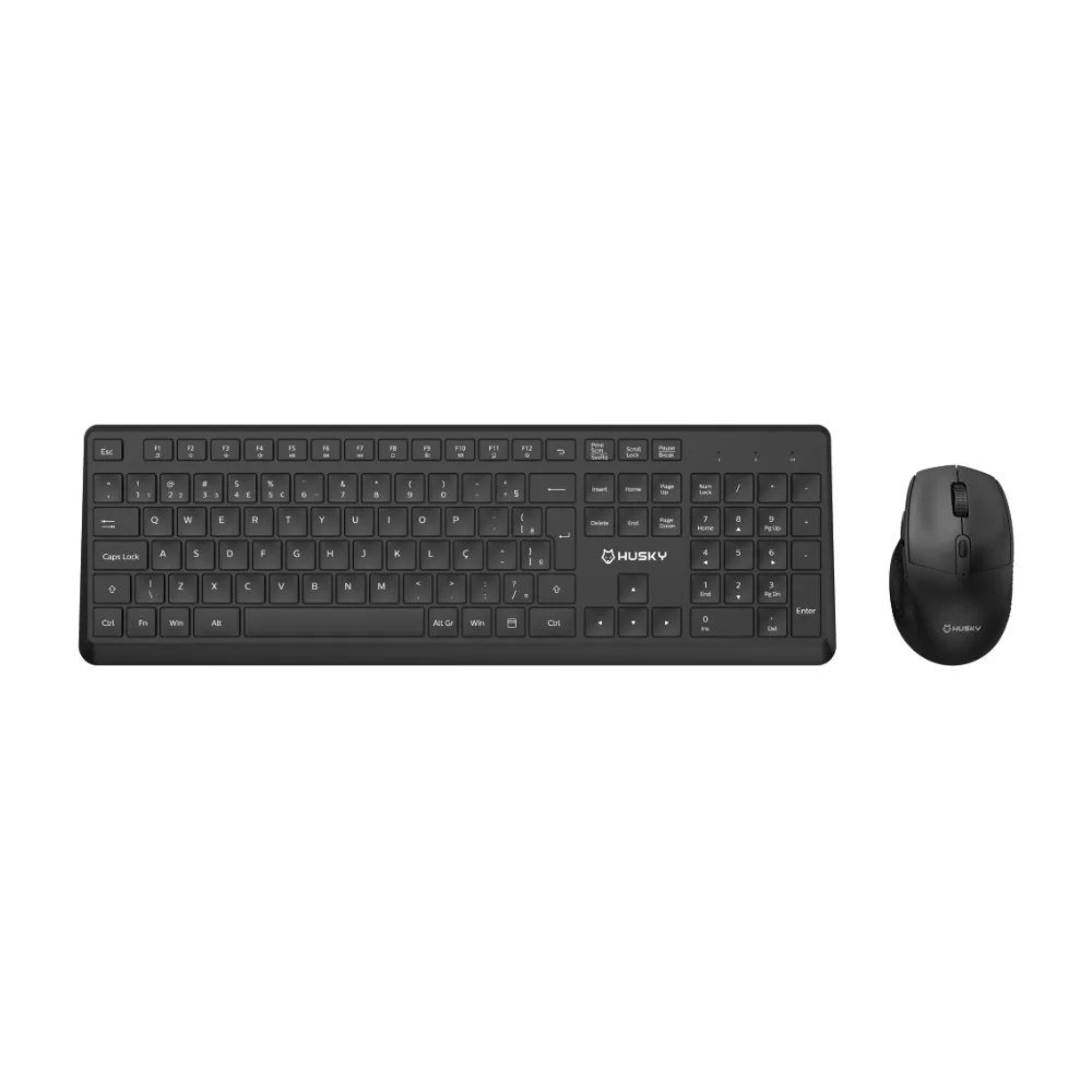 😱 Kit Teclado e Mouse Office Sem Fio Husky Duo Vero 400, Full Size, 2.4GHz, Preto, Clique Silencioso, Botões Laterais, ABNT2