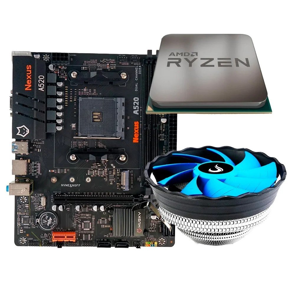 😱 Placa-Mãe Husky Nexus A520 + Processador AMD Ryzen 5 5500F + Air Cooler Gamer Rise Mode X2