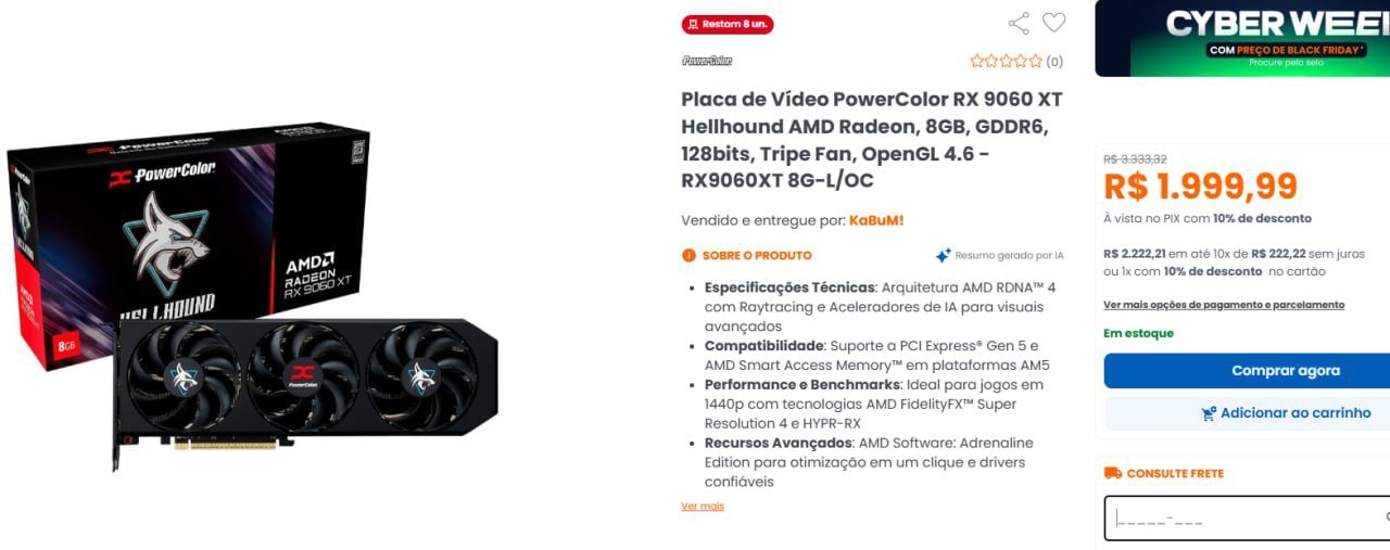 Placa de Vídeo PowerColor RX 9060 XT Hellhound AMD Radeon, 8GB 🎮🖥️