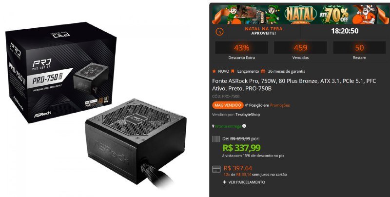 Fonte ASRock Pro 750W Bronze ATX 3.1 PCI-E 5.1 💻🔌