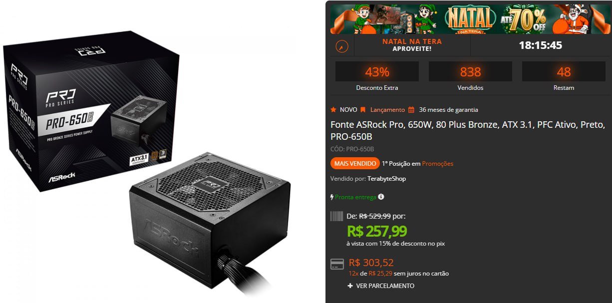 Fonte ASRock Pro 650W 80 Plus Bronze ATX 3.1 PFC Ativo Preto ⚡🖥️