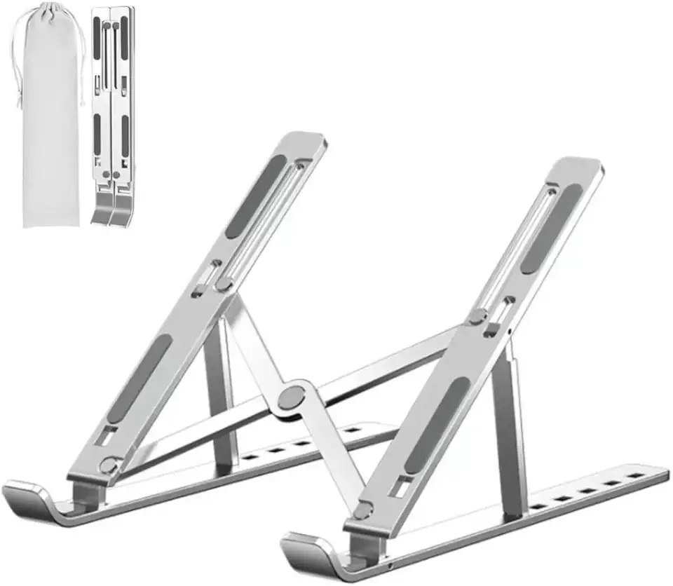 Suporte para Notebook e Tablet em Alumínio Resistente Apoio Mesa em Metal Articulado Dobrável Ajustável com Altura Regulável Portátil Base para Laptop (PRATA) 🖥️💻