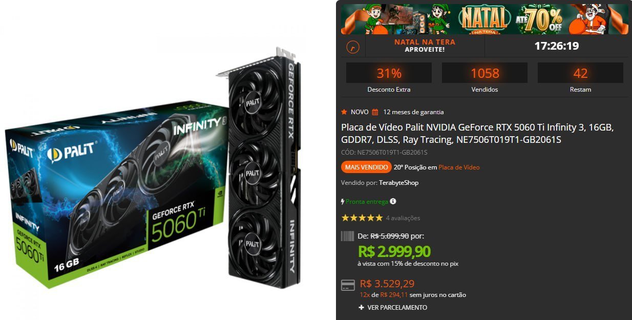 Placa de Vídeo Palit NVIDIA GeForce RTX 5060 Ti Infinity 3, 16GB 🛒🎮