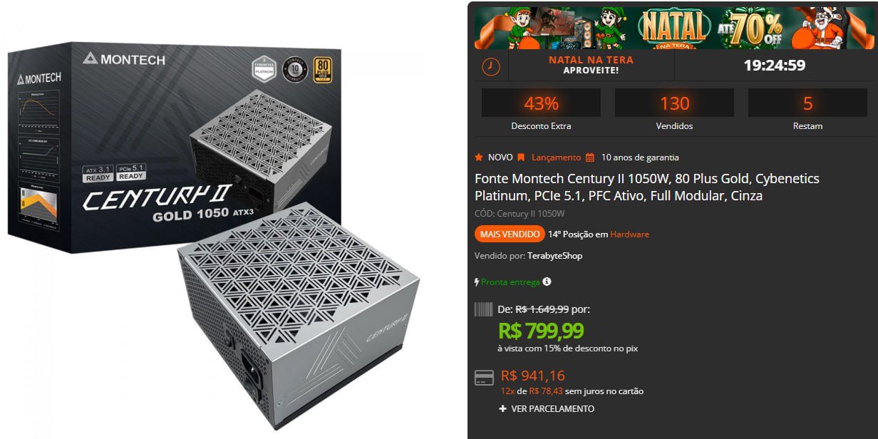 Fonte Montech Century II 1050W, 80 Plus Gold, Cybenetics Platinum, PCIe 5.1, PFC Ativo, Full Modular, Cinza ⚡🔌