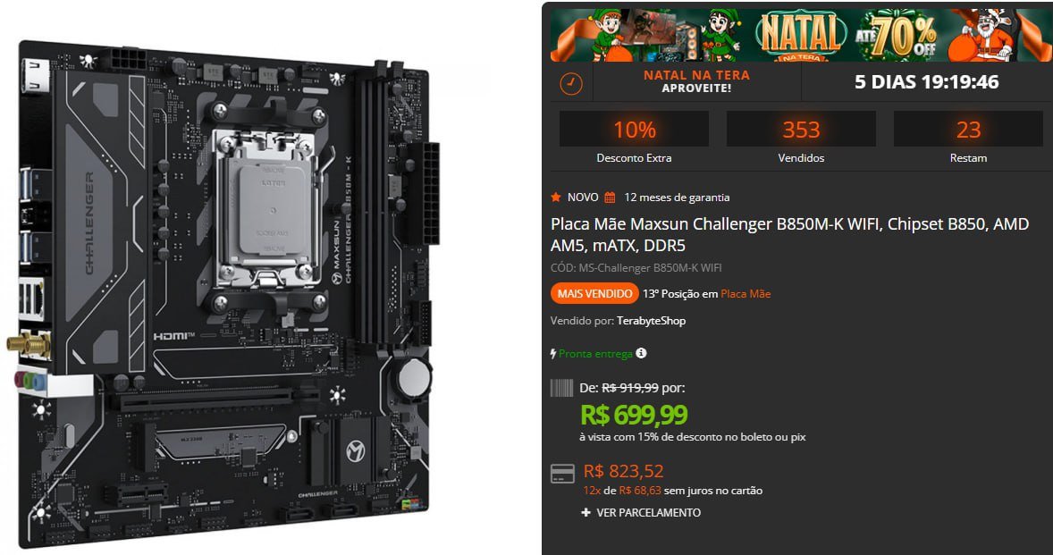 Placa Mãe Maxsun Challenger B850M-K WIFI, Chipset B850, AMD AM5, mATX, DDR5