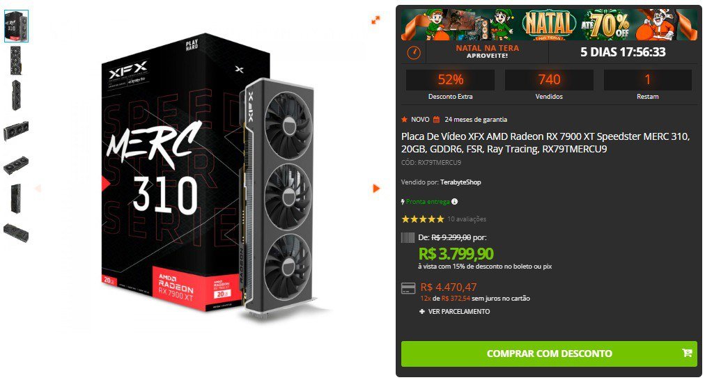 Placa De Vídeo XFX AMD Radeon RX 7900 XT Speedster MERC 310, 20GB, GDDR6, FSR, Ray Tracing 🖥️🔥