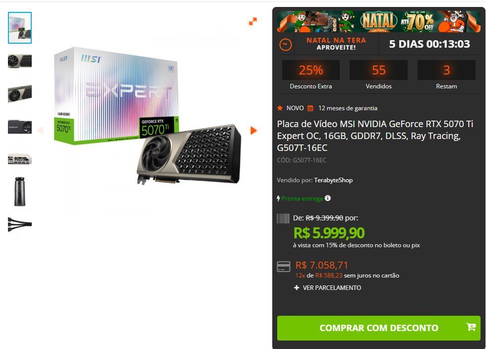 Placa de Vídeo MSI NVIDIA GeForce RTX 5070 Ti Expert OC, 16GB, GDDR7 🛒🎮