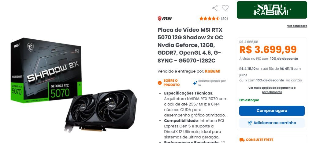 Placa de Vídeo MSI RTX 5070 12G Shadow 2x OC Nvdia Geforce, 12GB 🖥️🎮