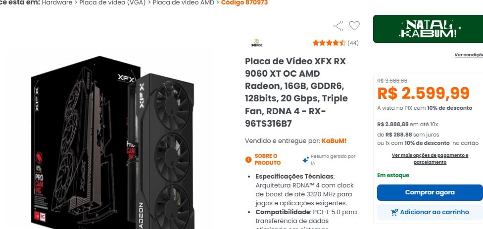 Placa de Vídeo XFX RX 9060 XT OC AMD Radeon, 16GB 🛒💻