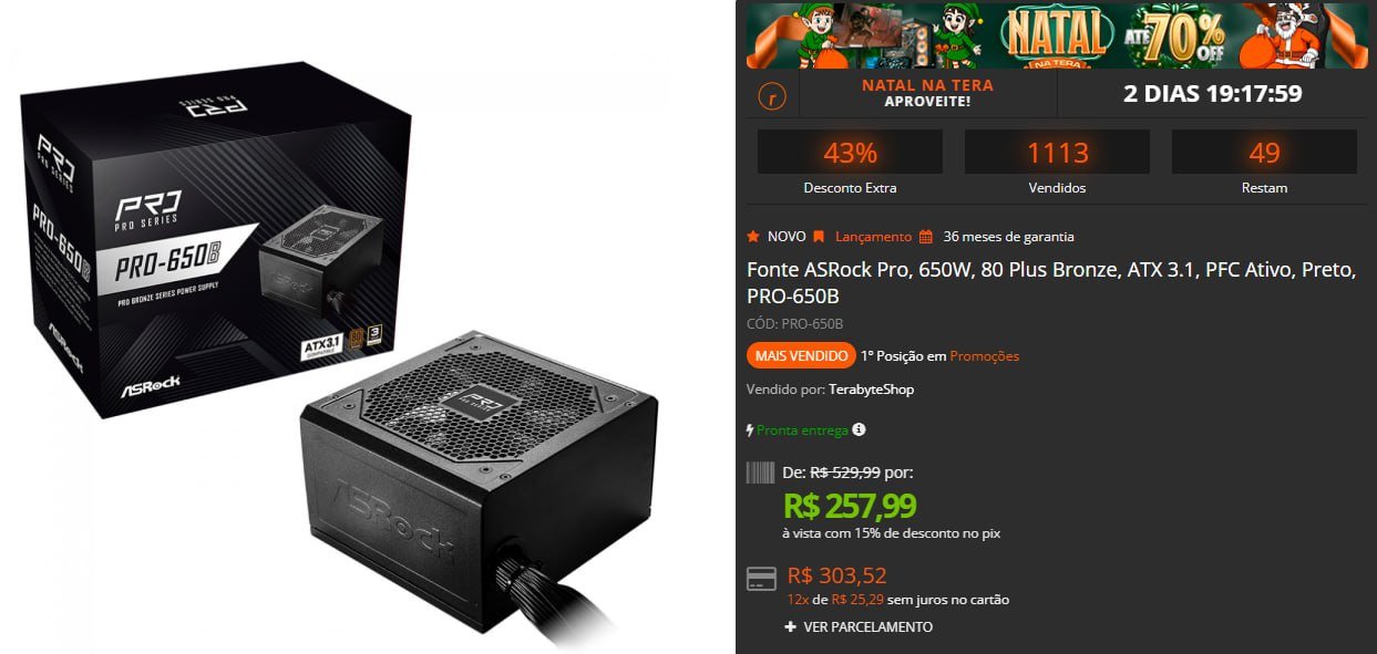 Fonte ASRock Pro 650W 80 Plus Bronze ATX 3.1 PFC Ativo Preto PRO-650B 🖥️
