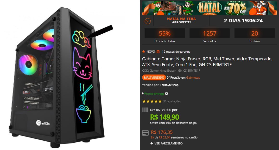 Gabinete Gamer Ninja Eraser, RGB, Mid Tower, Vidro Temperado, ATX, Sem Fonte, Com 1 Fan 🖥️🎮