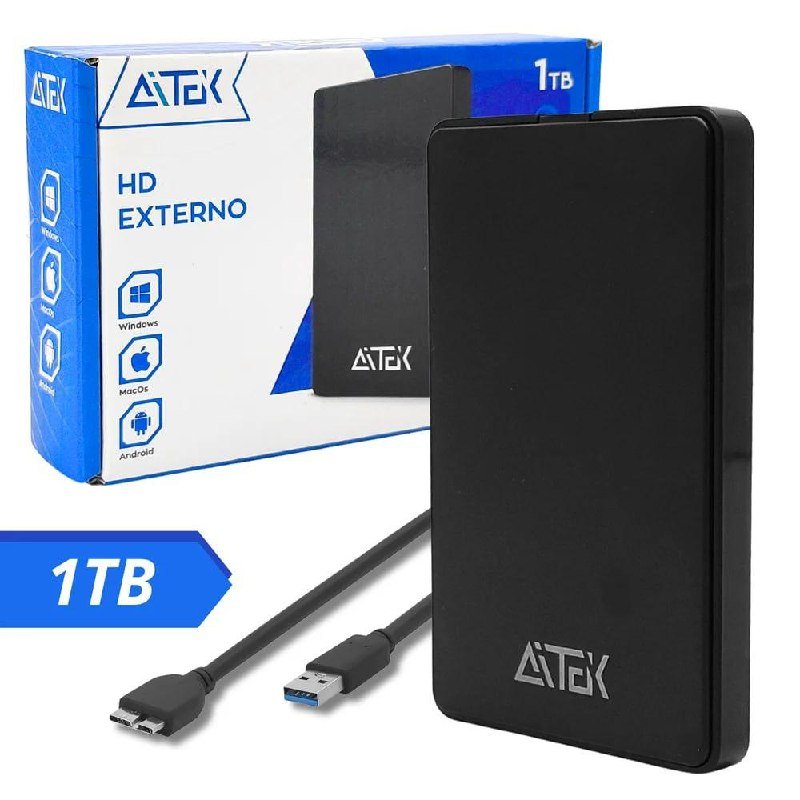 Hd Externo 1TB Usb 3.0/3.1, Portátil, Plug & Play Compatível com Múltiplos OS Aitek - Ahd-e1000lite 🛒