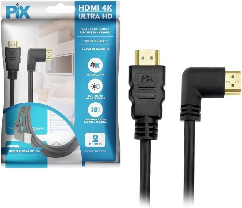 Cabo HDMI 2.0 4K 19 Pinos - Plug 90 Graus, 2 Metros 🖥️🔌