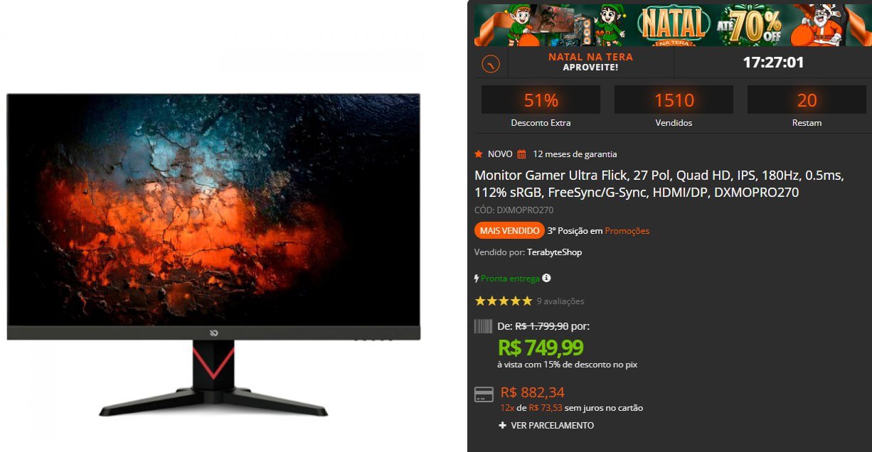 Monitor Gamer Ultra Flick, 27 Pol, Quad HD, IPS, 180Hz, 0.5ms, 112% sRGB, FreeSync/G-Sync, HDMI/DP 🖥️🎮