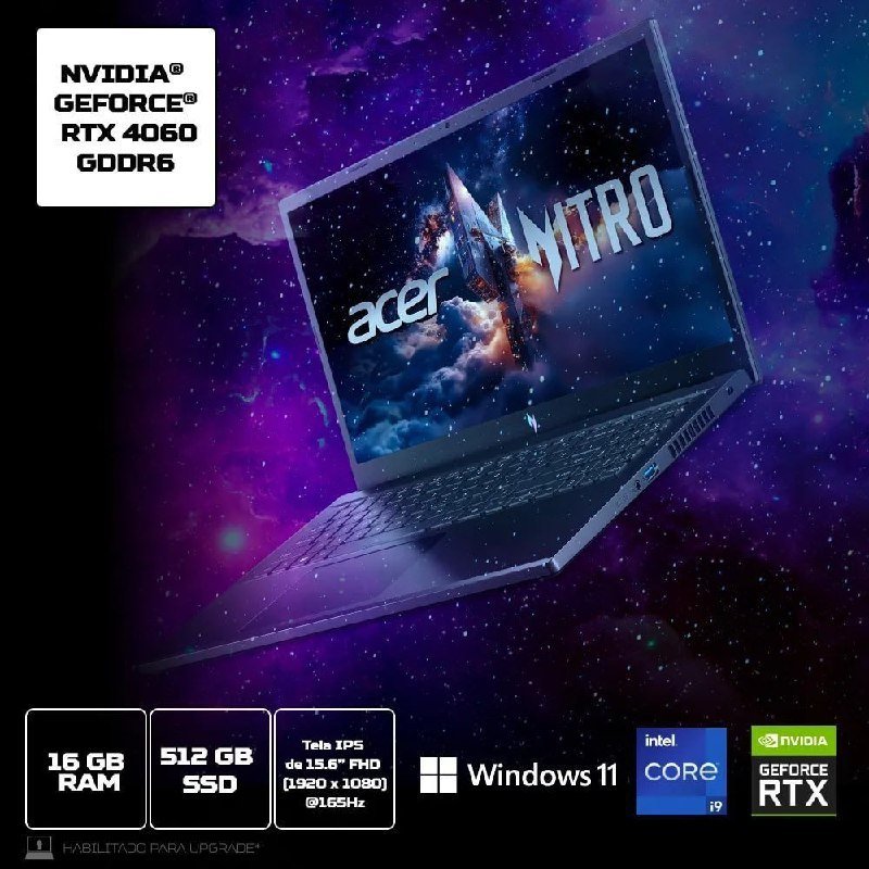 Notebook Acer Nitro V15 RTX 4060 - i9 13900H - RTX 4060 8GB - 16GB DDR5 - 512GB SSD - TELA 15.6 IPS 165Hz - W11 🛒💻