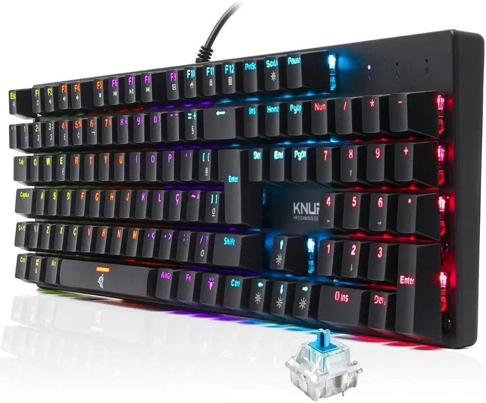 Teclado Mecânico Gamer Switch Blue Led RGB 7 Cores Rainbow 12 Funções Anti Ghosting ABNT2 USB para PC Computador Notebook Mac 🖥️⌨️